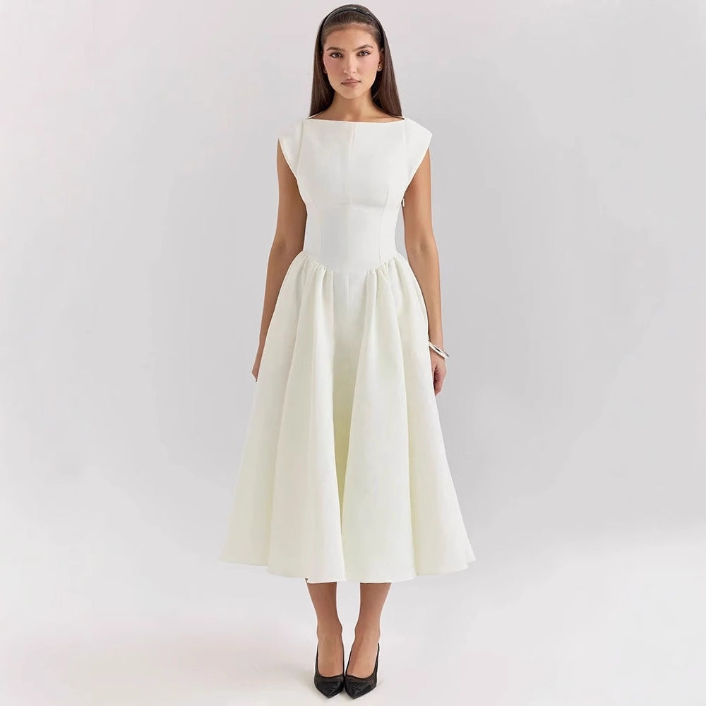 Damen Elegantes A-Linien Cocktailkleid mit Wasserfallausschnitt EB