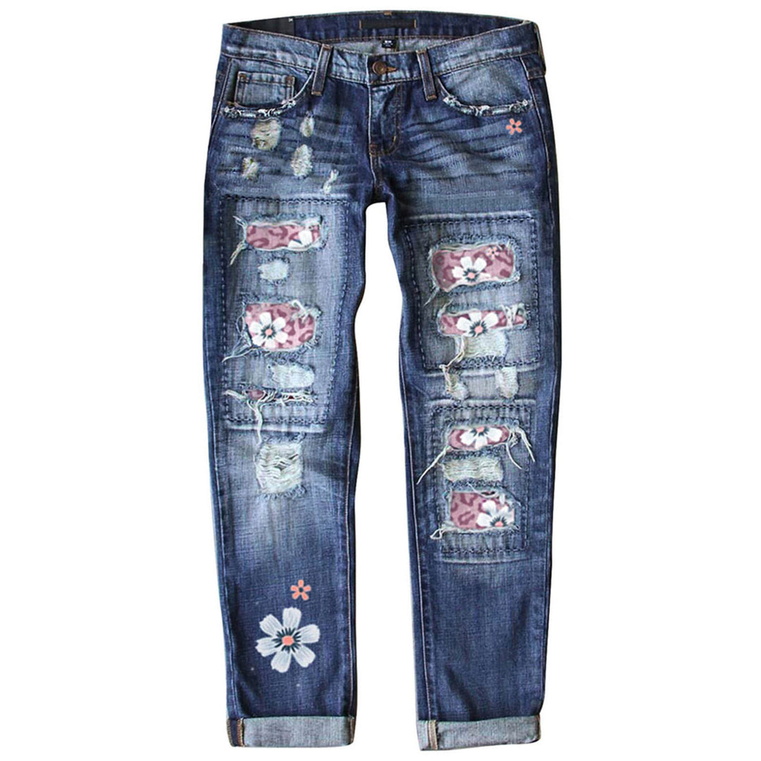 Damen nan verwaschene schmale Jeans mit Leopardenpatches und Glitzerbesatz EB