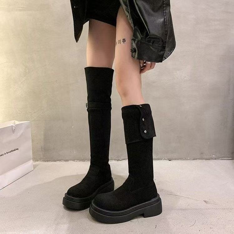 Damen Overknee-Stiefel mit modernem Riemen-Design und bequemer Plattformsohle EB