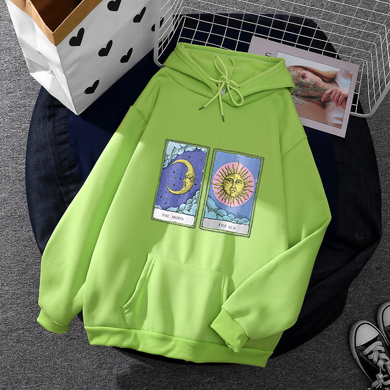 Damen nan leichter Oversize Kapuzenpullover mit Herz‑EKG‑Motiv, langen Kordeln und elastischem Bund EB