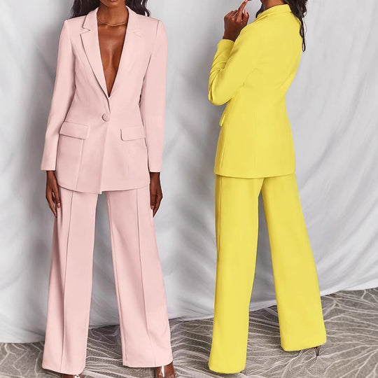 Damen nan taillierter Ein-Knopf-Blazer mit Pattentaschen und weiter Palazzo-Hose Hosenanzug EB