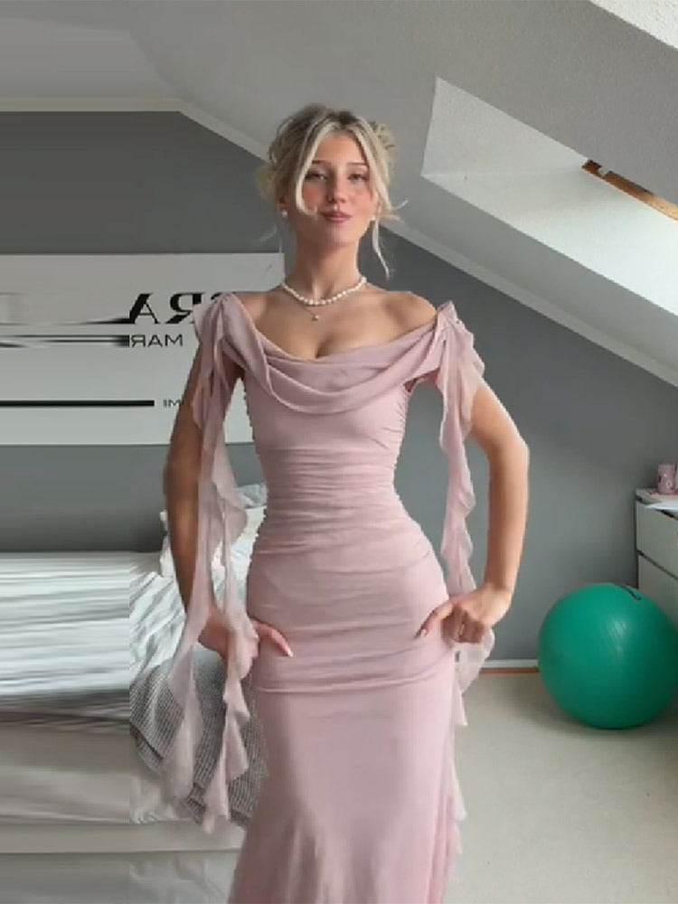 Damen Elegantes Maxikleid mit drapierten Ärmel und figurbetontem Schnitt EB