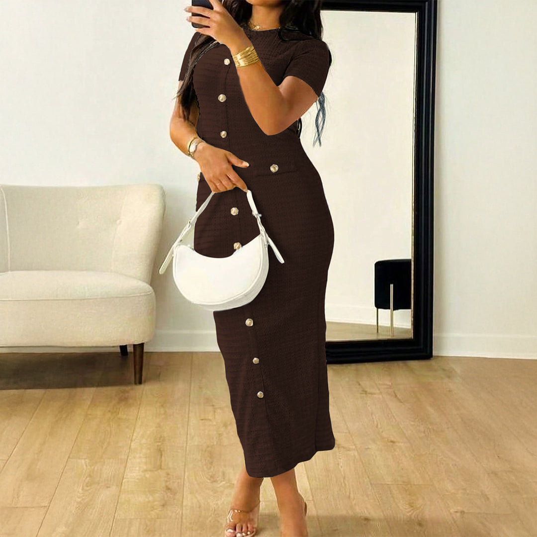 Damen Elegantes figurbetontes Maxikleid mit Knopfleiste und Taschen EB