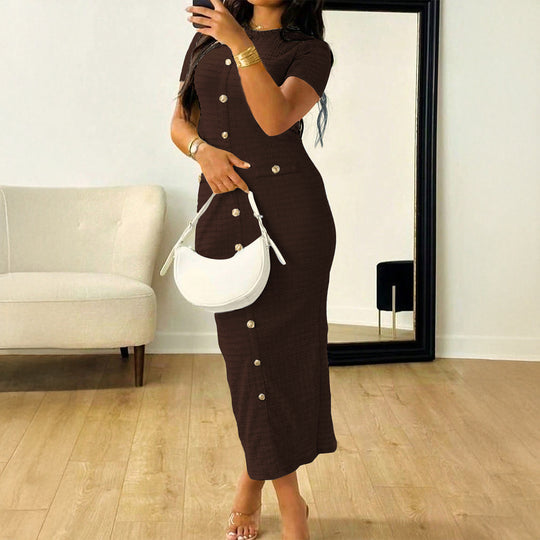 Damen Elegantes figurbetontes Maxikleid mit Knopfleiste und Taschen EB