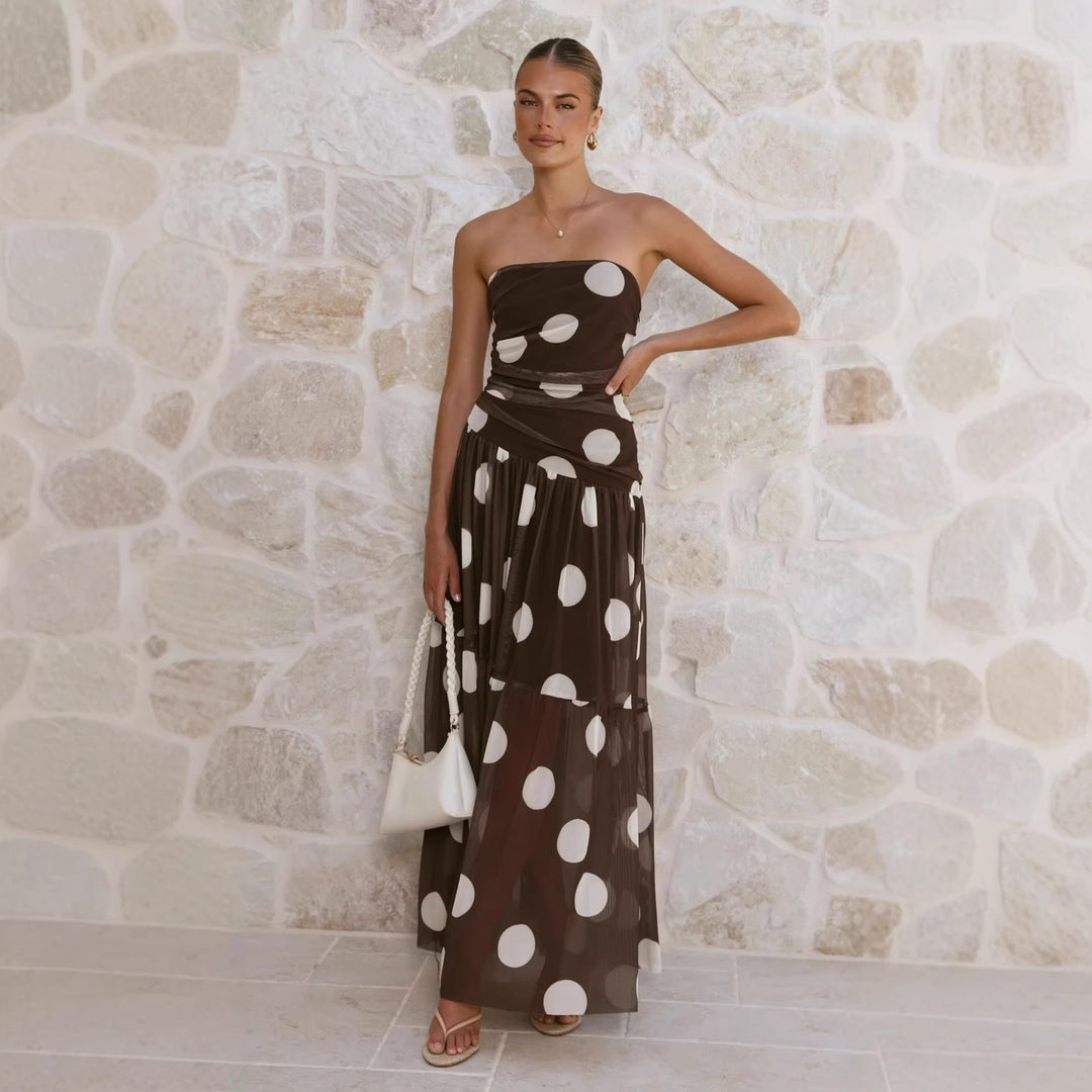 Damen Maxikleid mit schulterfreiem Schnitt und verspieltem Punktenmuster EB