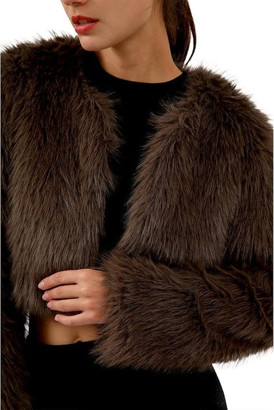Damen Kurze glamouröse Kunstfelljacke mit lockeren Ärmeln EB