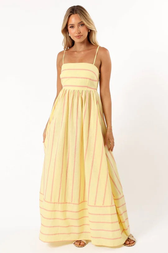 Damen Maxi-Kleid mit schmalen Spaghettiträgern und eleganten Querstreifen EB