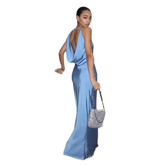 Damen Maxikleid mit schickem Wasserfallausschnitt und fließendem Satin-Stoff EB