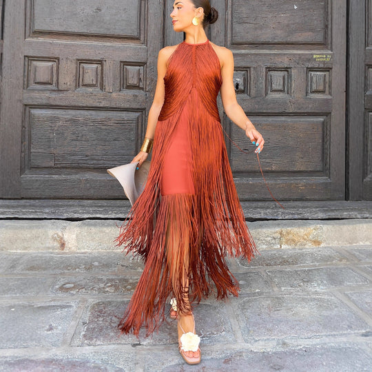 Damen Fransen Maxikleid mit elegantem Schnitt und fließendem Design EB