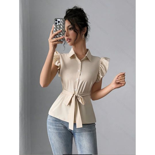 Damen Bluse mit Rüschendetails und Taillengürtel EB