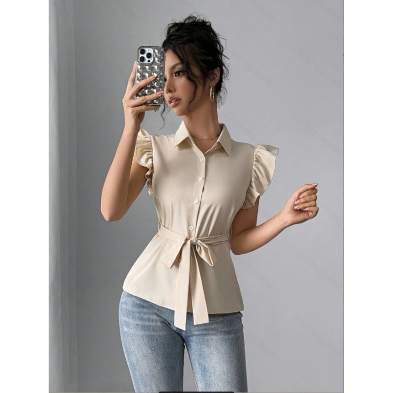 Damen Bluse mit Volants und tailliertem Gürtel EB