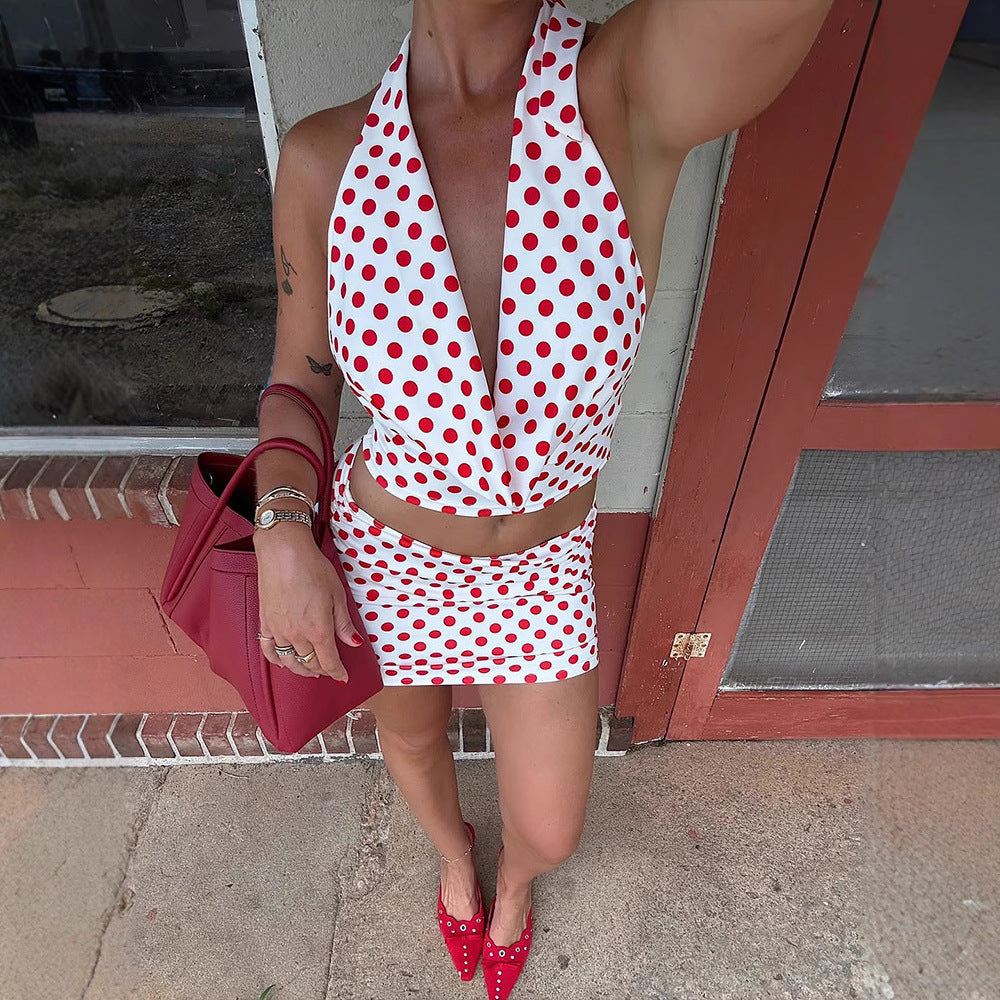 Damen Verspieltes Polka-Dot Top und Wickelrock Set EB