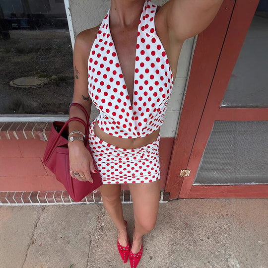 Damen Verspieltes Polka-Dot Top und Wickelrock Set EB