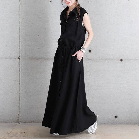 Damen nan langes Hemdkleid mit Tunnelzugtaillierung und aufgesetzten Brusttaschen EB