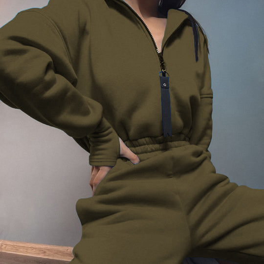 Damen nan kurzes Halbzip-Loungewear-Set mit elastischem Taillenbund und oversized Schnitt EB
