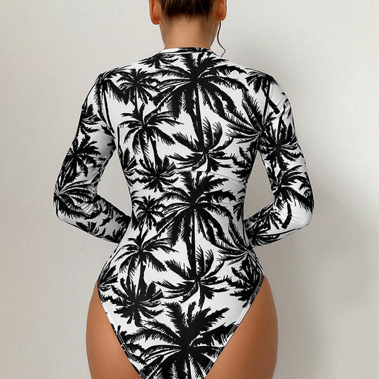 Damen Eleganter Einteiler Badeanzug mit Reißverschluss und langen Ärmeln EB