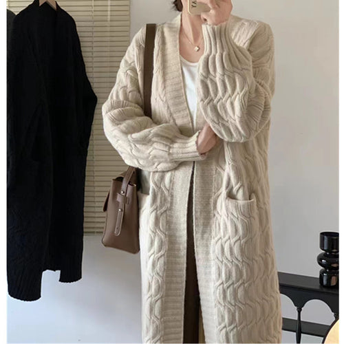 Damen Langer Strickcardigan mit voluminösen Ärmeln und praktischen Taschen EB