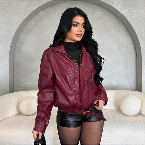 Damen Kunstlederjacke mit figurbetontem Schnitt und dekorativem Gürtel EB