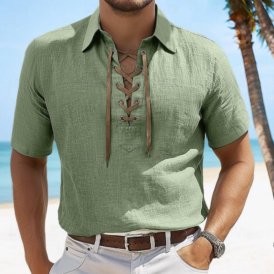 EB | Leinen Revers Tether V-Ausschnitt Kurzarm-Shirt