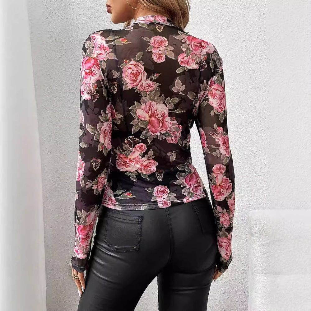 Damen Elegantes Mesh-Top mit floralen Akzenten EB
