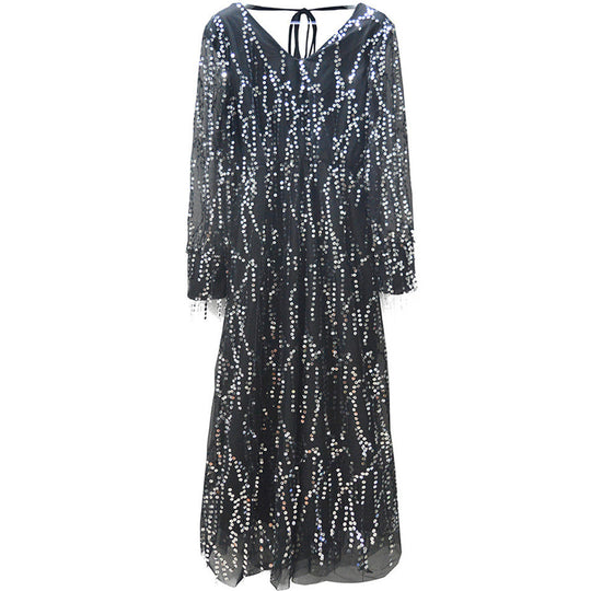 Damen Festliches Maxikleid mit funkelndem Paillettenbesatz und transparenten Ärmeln EB