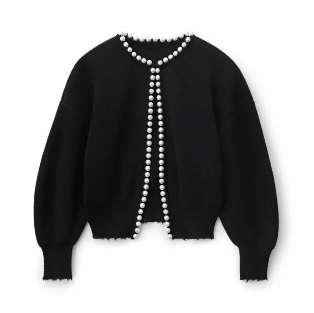 Damen Strickjacke mit auffälligem Perlenbesatz und offenem Design EB