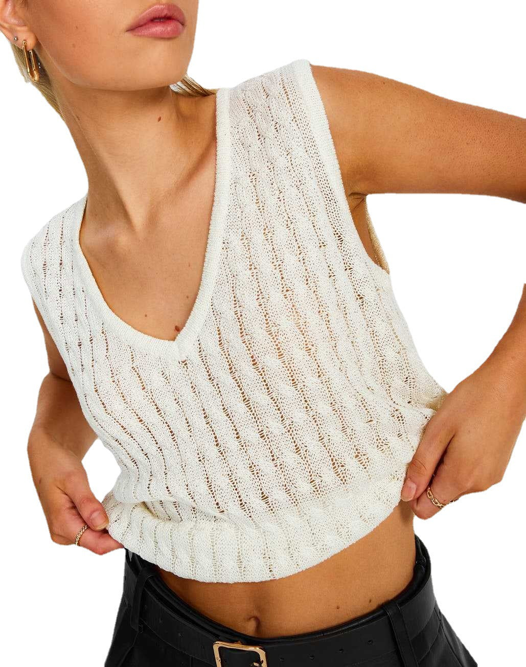 Damen luftiges Strick-Oberteil mit V-Ausschnitt und feinmaschigem Design EB