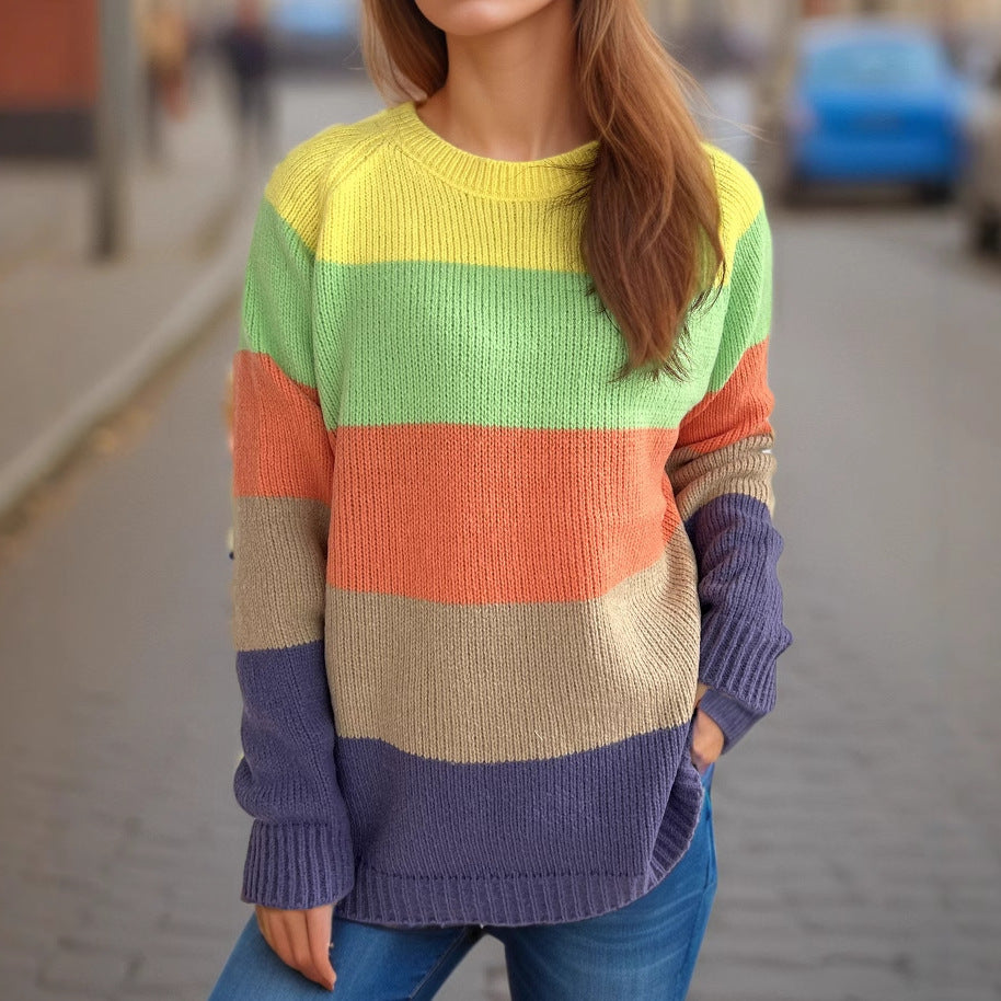 Damen lässiger Strickpullover mit bunten Blockstreifen und weitem Schnitt EB