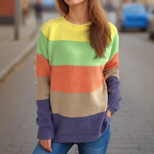 Damen lässiger Strickpullover mit bunten Blockstreifen und weitem Schnitt EB