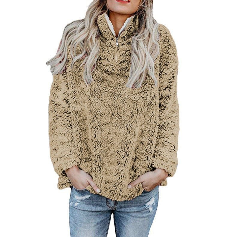 Damen Flauschige Fleece-Pulloverjacke mit hohem Kragen und Reißverschluss EB