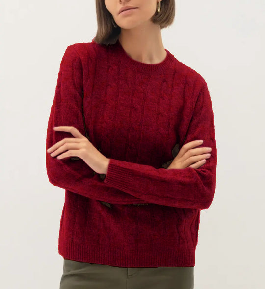 Damen Kabelstruktur‑Pullover im Zopfstrick mit Rundhalsausschnitt und nachhaltig weicher Wollmischung EB