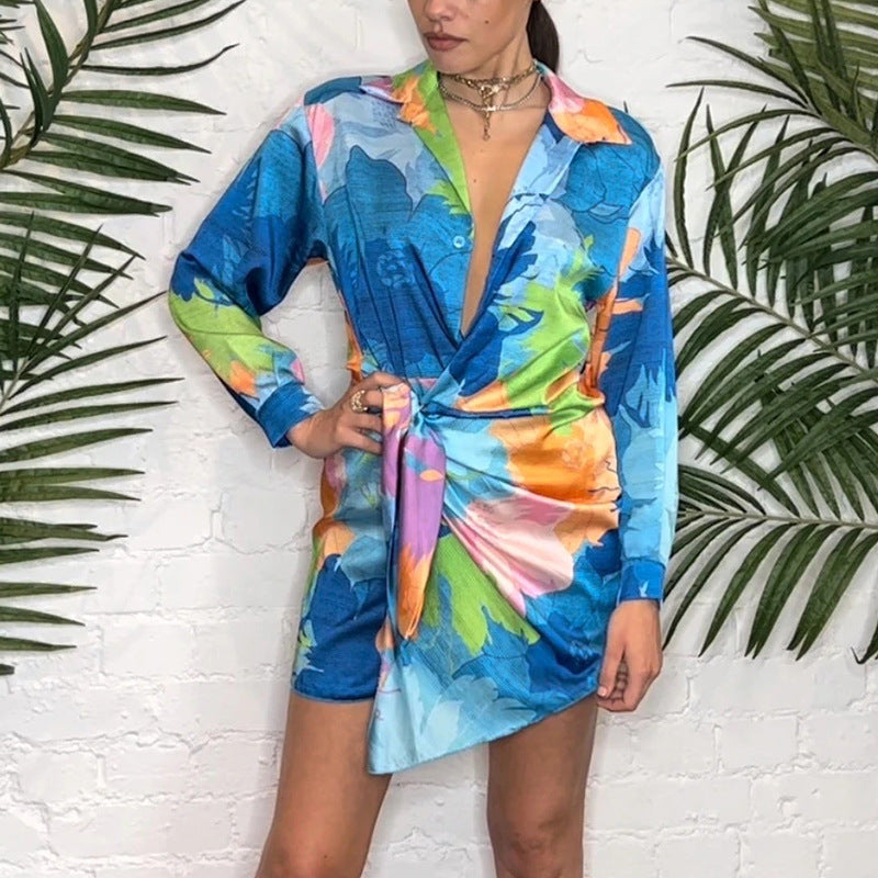 Damen Hemdblusenkleid im innovativen Wickeldesign mit buntem Floral-Muster EB