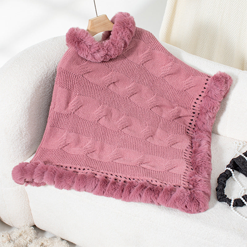 Damen kuschelige Strick-Poncho mit weichem Kunstfellbesatz und Zopfmuster EB