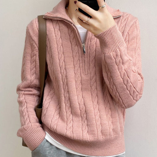 Damen Kuscheliger Strickpullover mit Stehkragen und Zopfdesign EB