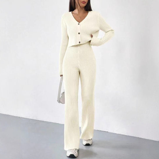 Damen Strick-Ensemble mit V-Ausschnitt und weitem Bein EB