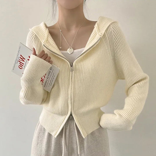 Damen lässige Strickjacke mit Kapuze und Reißverschluss EB