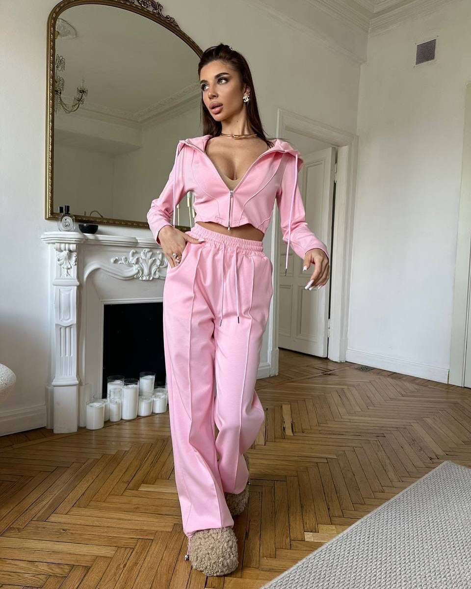 Damen tailliertes Cropped-Kapuzensweatshirt mit verdecktem Reißverschluss und High-Waist Wide-Leg Jogginghose Set EB