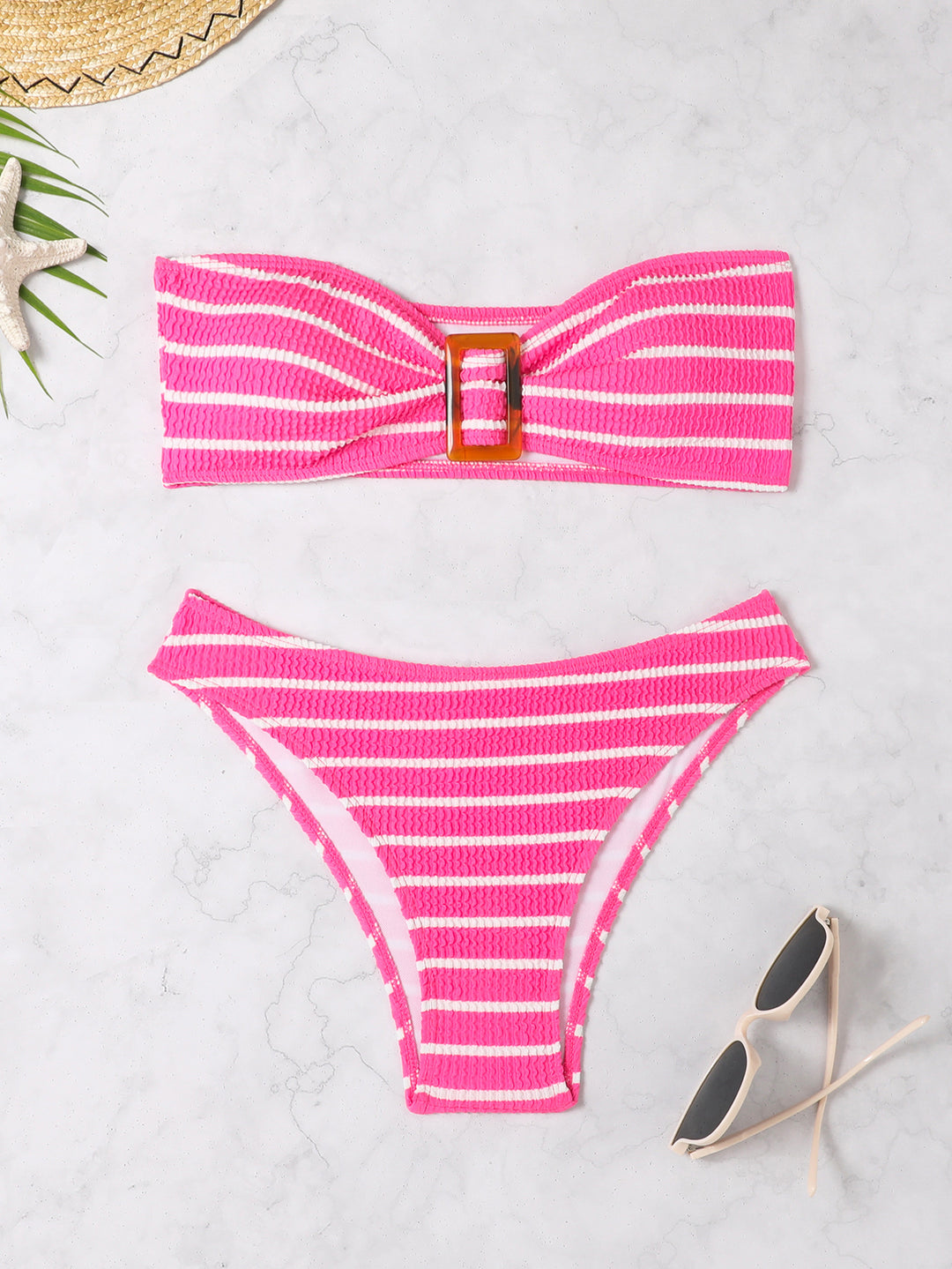 Damen Bandeau-Bikini mit modischem Streifenmuster und dekorativer Schnalle EB