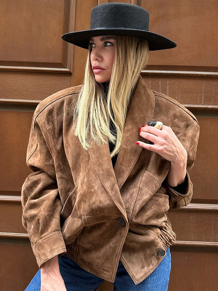 Damen Oversize Wildlederjacke mit modernem Schnitt und praktischen Taschen EB