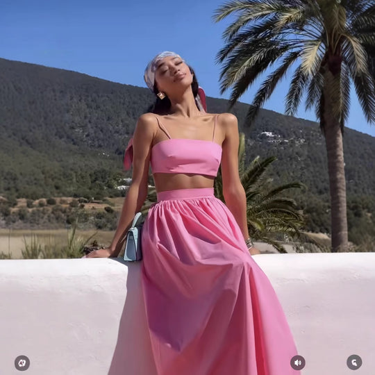 Damen Set aus Crop-Top und Maxirock mit elegantem Rüschendesign EB