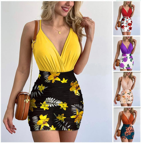 Damen Bodycon Kleid mit floralem Design und angesagtem Wickelausschnitt EB