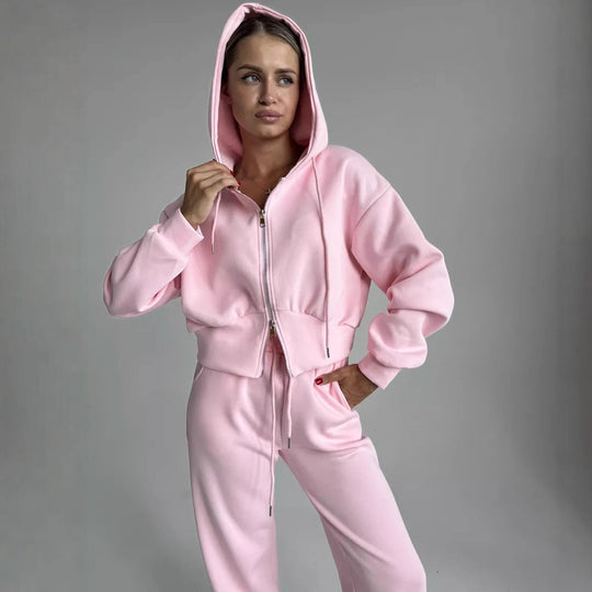 Damen Zweiteiliges Loungewear-Set mit gekürzter Zip-Kapuzenjacke und weitem High‑Waist Jogginghose EB