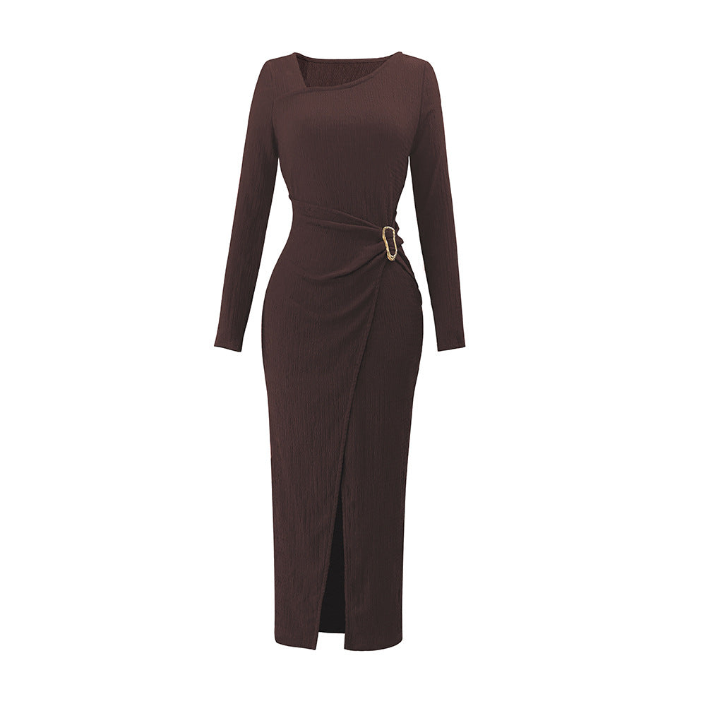 Damen asymmetrisches Wickel-Midikleid mit Ziergürtel, Drapierung und hohem Beinschlitz Eichborn Berlin