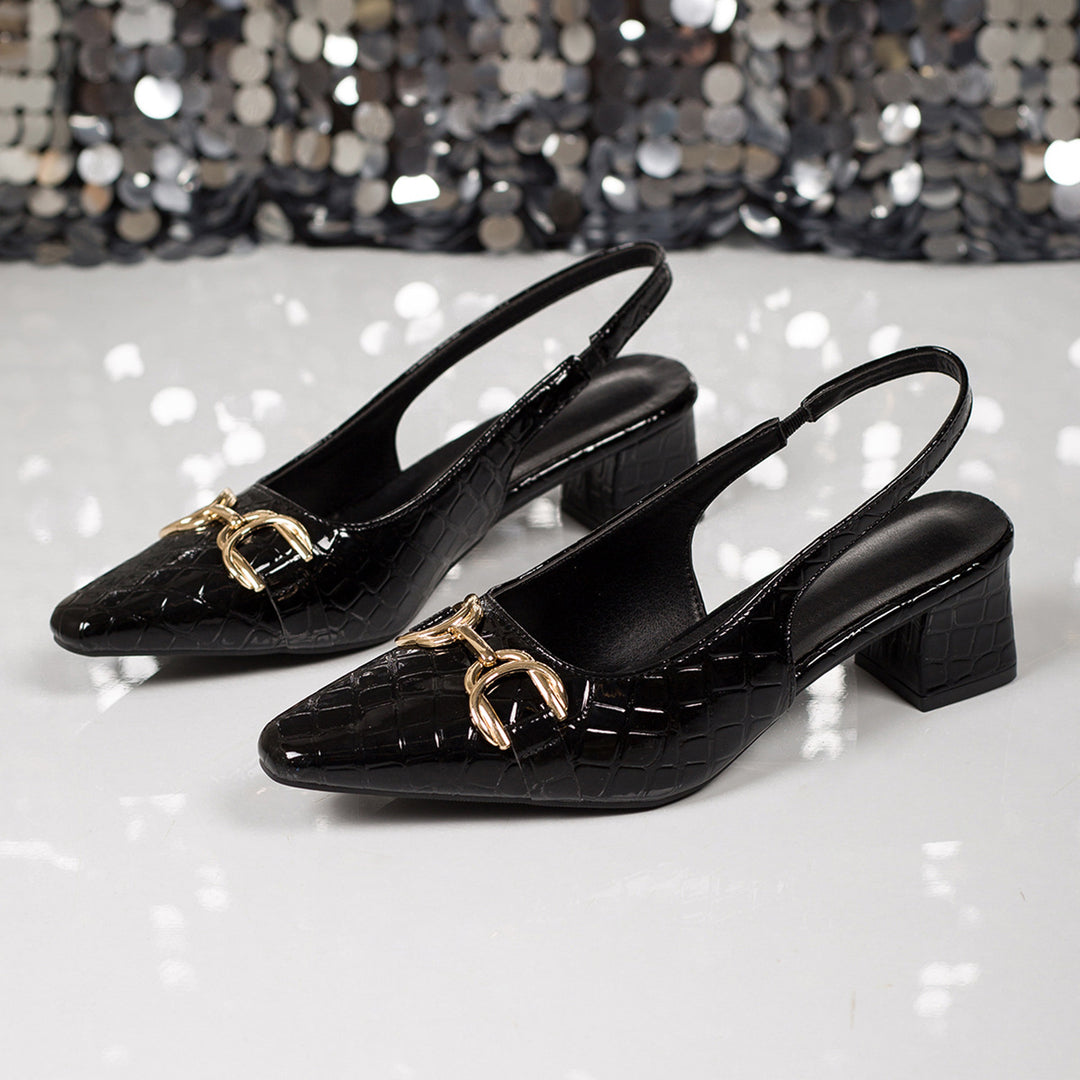 Damen Slingback-Pantoletten mit eleganter Krokoprägung und goldener Schnalle EB
