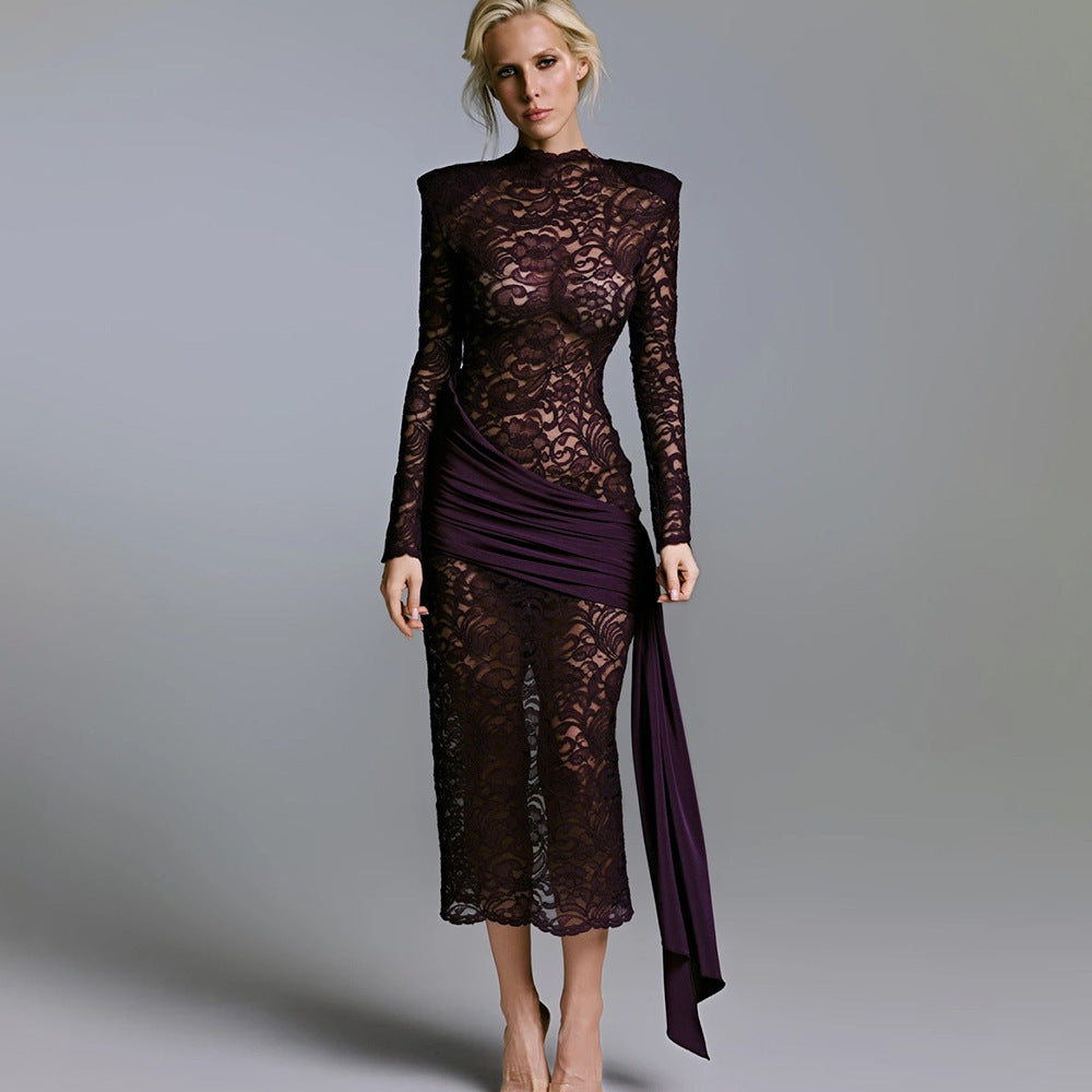 Damen Elegantes langärmliges Spitzenkleid mit seitlichem Raffungseffekt EB