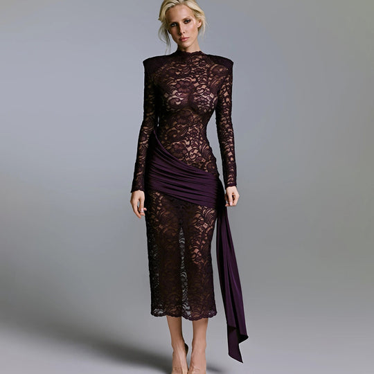Damen Elegantes langärmliges Spitzenkleid mit seitlichem Raffungseffekt EB