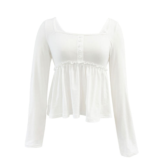 Damen gerafftes Peplum-Longsleeve mit quadratischem Ausschnitt und zierlicher Knopfleiste Eichborn Berlin