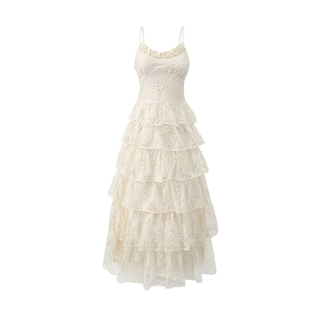 Damen romantisches Spitzenmaxikleid mit voluminösen Rüschenschichten EB
