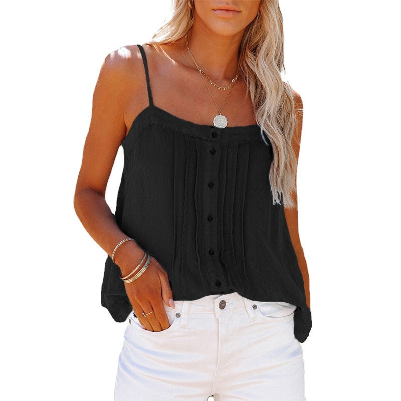 Damen luftiges Spaghettiträger-Oberteil mit kariertem Design und Knopfdetails EB