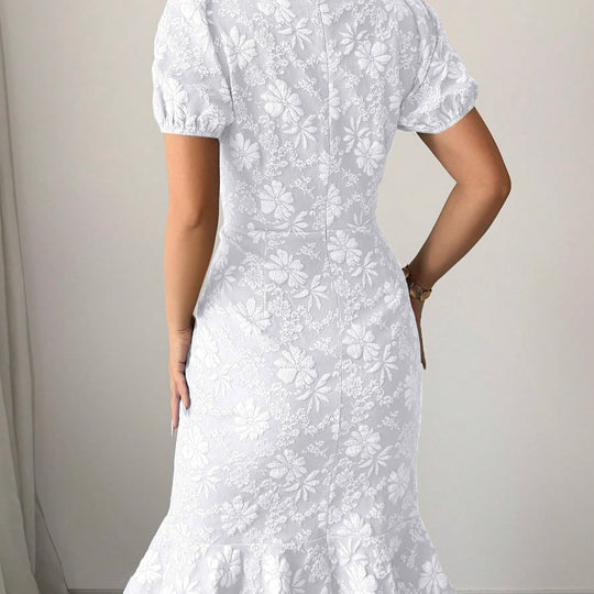 Damen Midi-Kleid mit floralen Applikationen und voluminösen Ärmeln EB